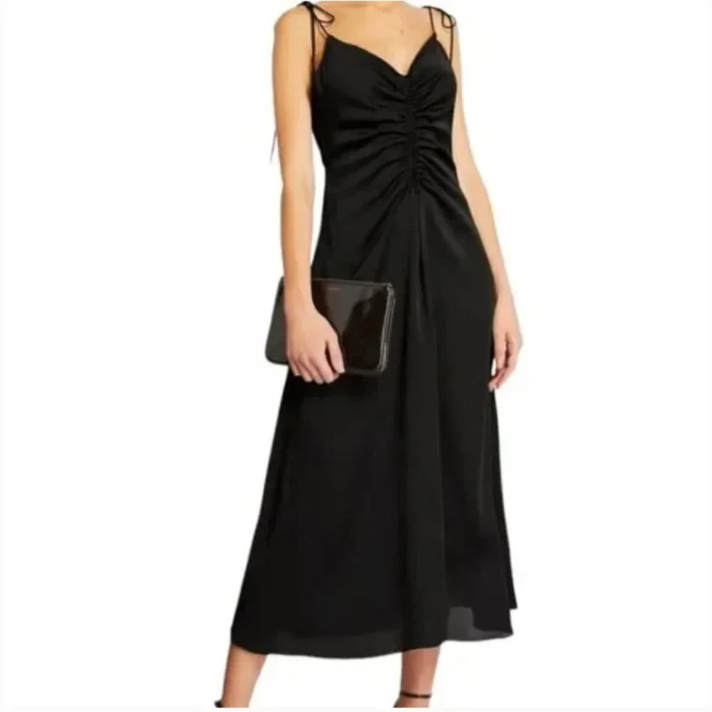 NWT Jason Wu Black Ruched Front Tie Shoulder Midi Dress Size Medium